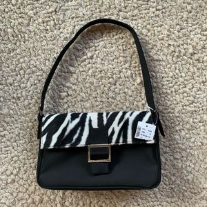 Y2K Black Zebra Print Boxy Structured Shoulder Purse with Silver Buckle